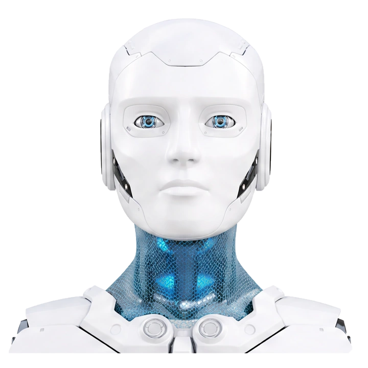 iNodes humanoid AI robot with a white engineered shell, cyan optical eyes and an illuminated mesh neck.